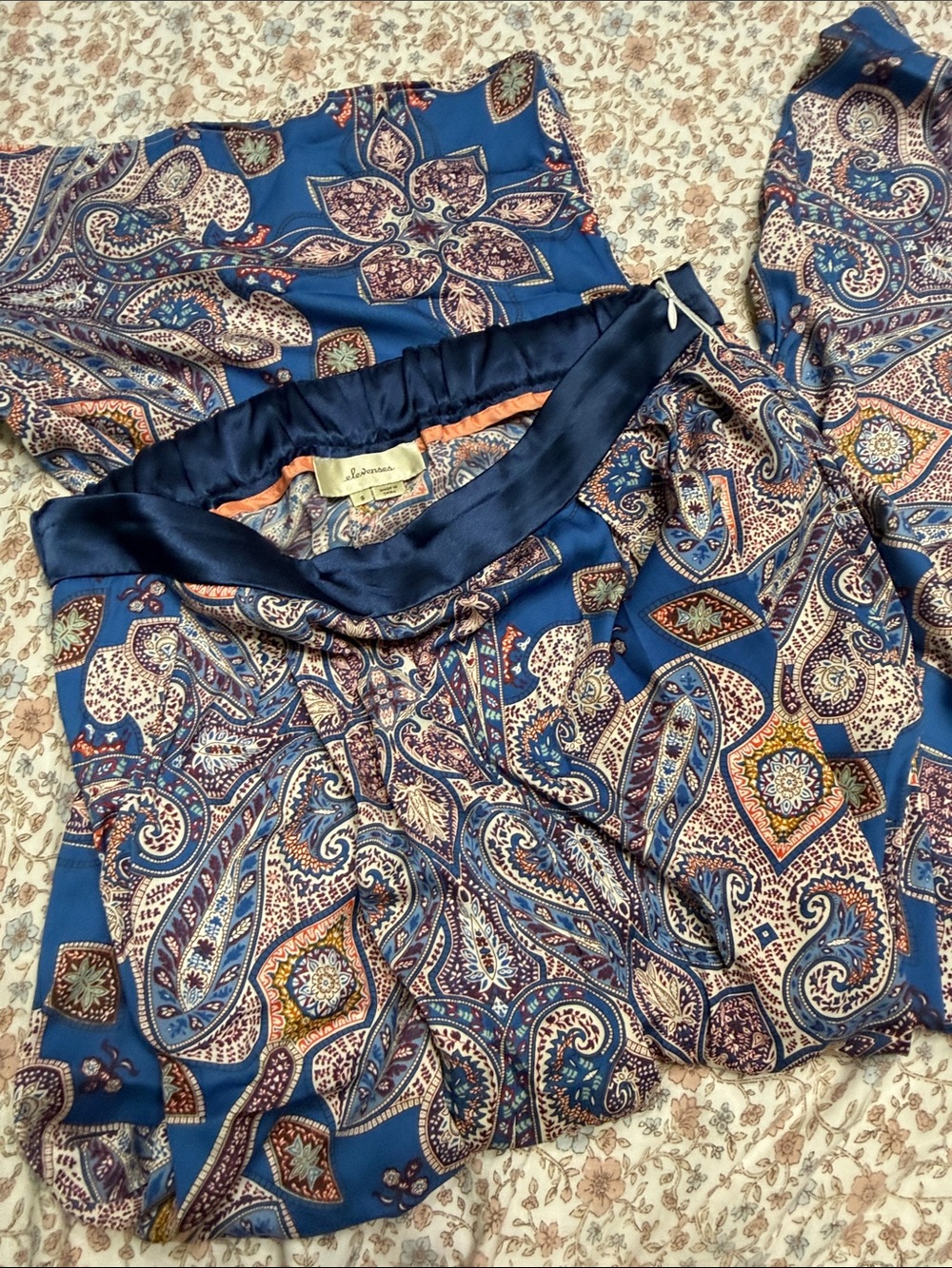 Anthropologie Elevenses Blue Paisley Wide-Leg Satin pants